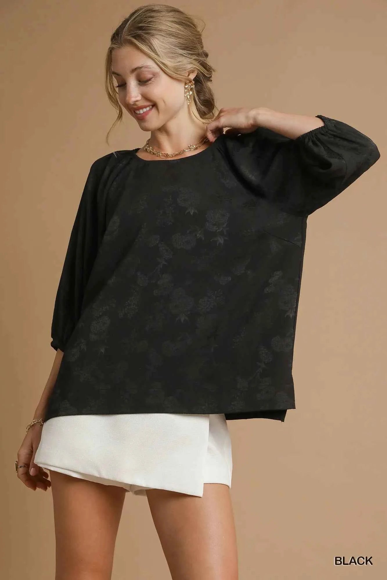 Umgee Satin Jacquard Balloon Sleeve Blouse Black d7a66645-a134-422a-a8e6-eb6db7bffffc-Max-Origin
