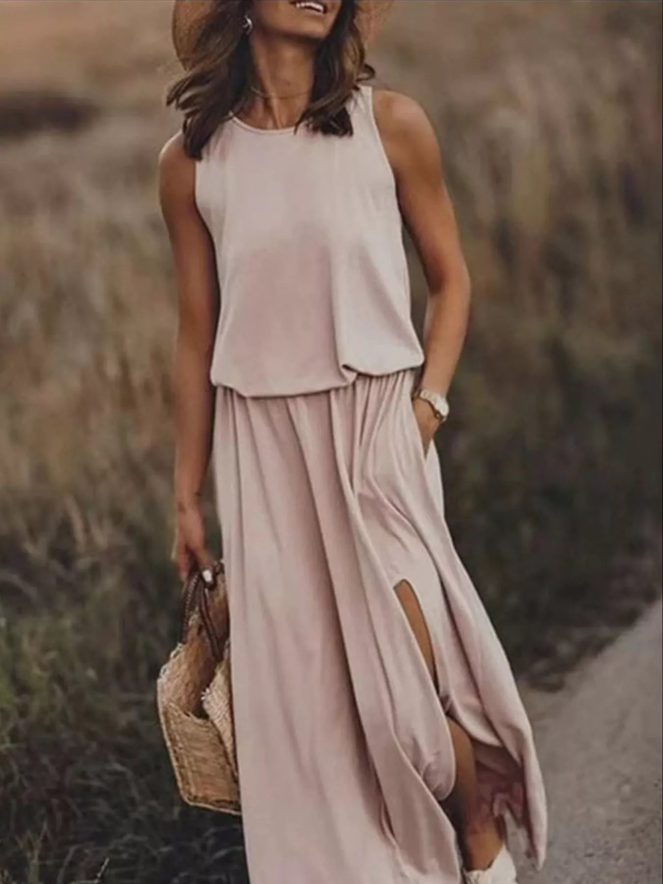 Full Size Round Neck Sleeveless Slit Maxi Dress Plus Size Khaki d7af21e1-59af-418c-82f1-5f00994ff0ca-Max-Origin