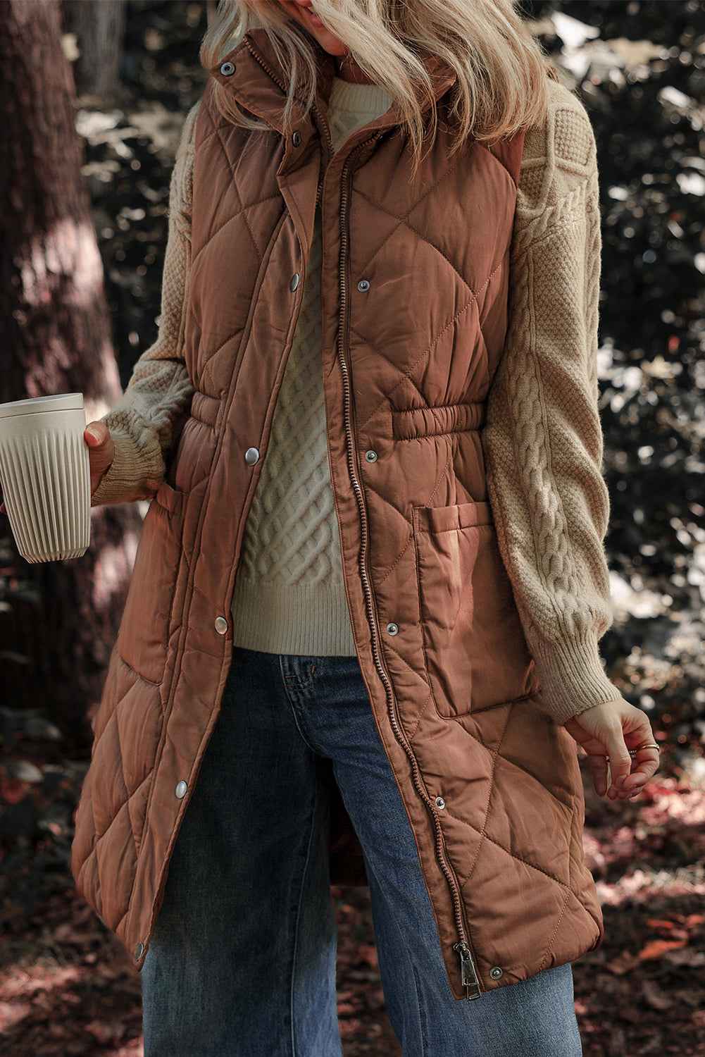 Coffee Puffer Quilted Stand Collar Pocketed Vest Coat d7af61b7d29bd6bc