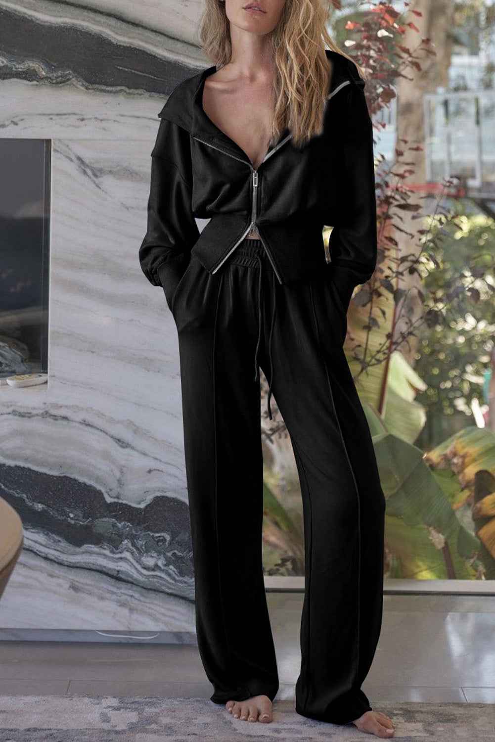 Black Double Zipper Hooded Jacket and Sweatpants Active Set Black 75%Polyester+20%Cotton+5%Elastane d7b08f6aed21391a