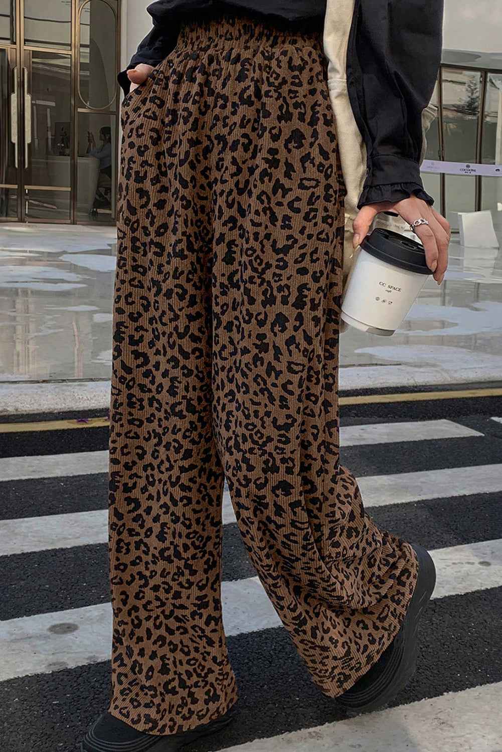 Dark Brown Leopard Print Elastic High Waist Loose Corduroy Pants Dark Brown 100%Polyester d7bb96fd864c0f36