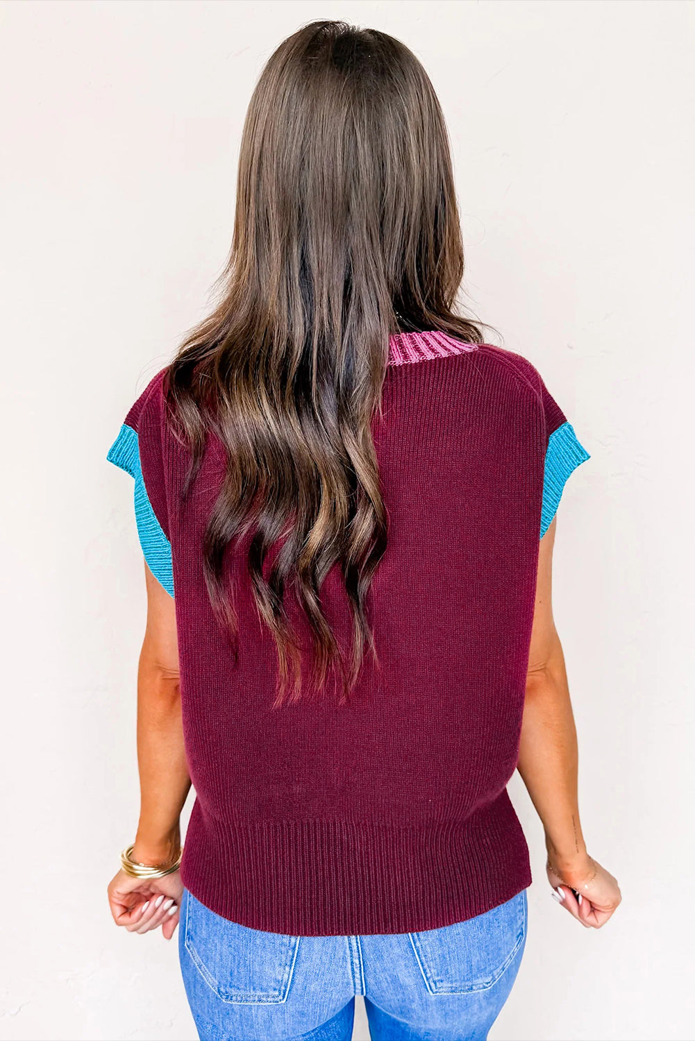 Burgundy Contrast Trim V Neck Cuffed Short Sleeve Loose Sweater