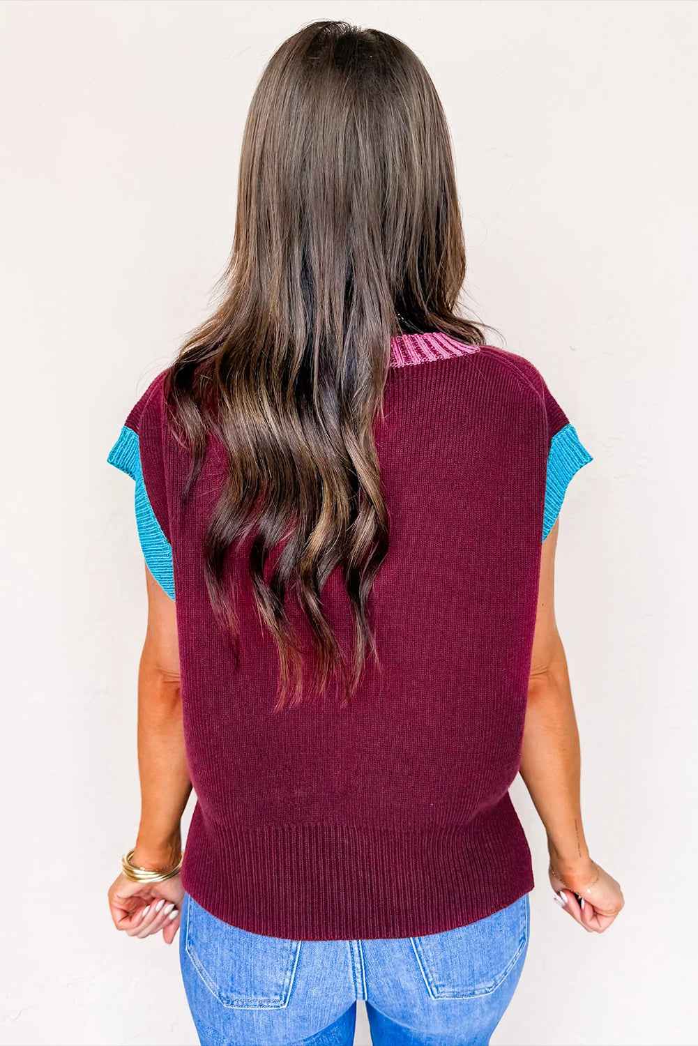 Burgundy Contrast Trim V Neck Cuffed Short Sleeve Loose Sweater d7be7a28be3dcb0c