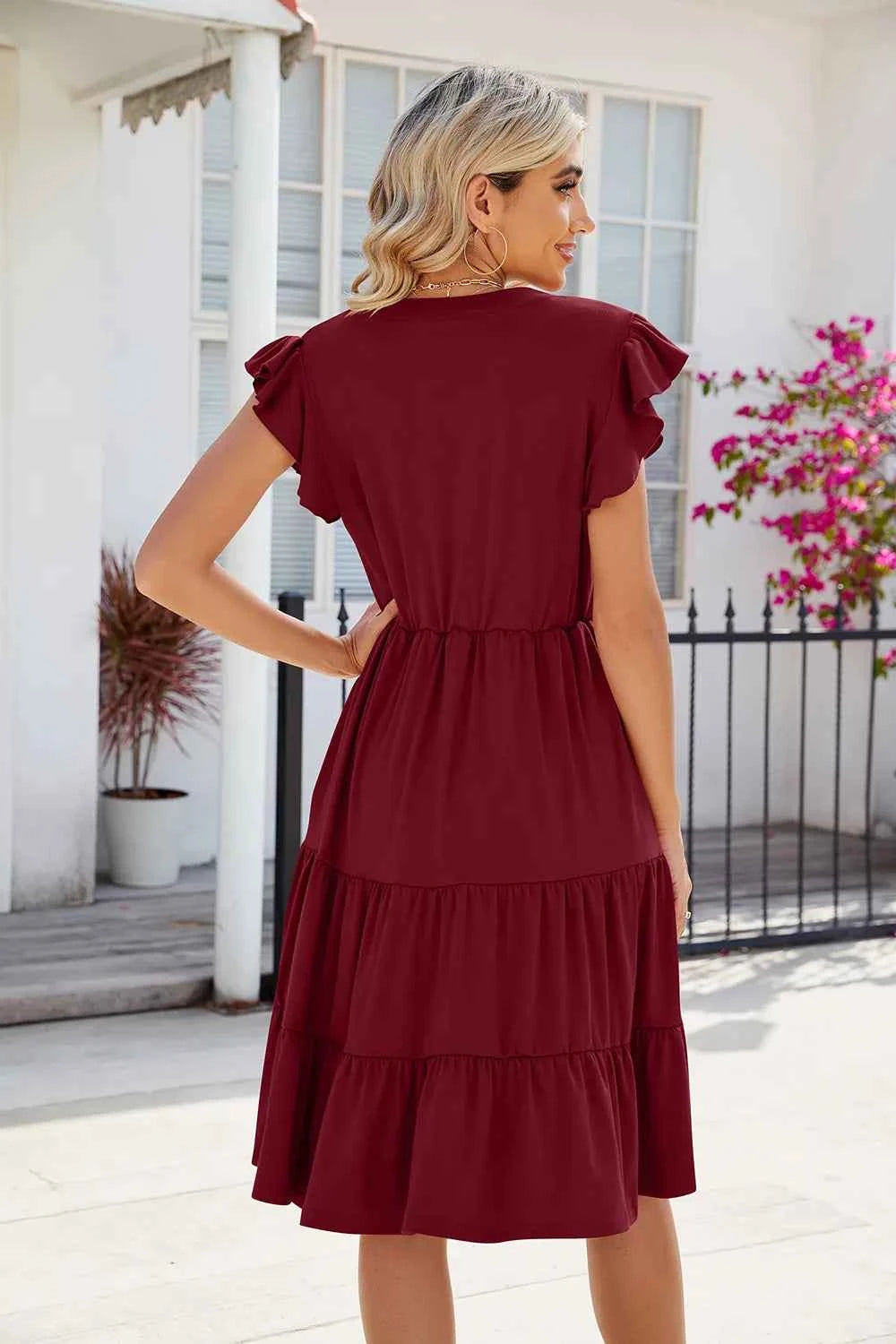 Ruched Notched Cap Sleeve Dress d7c0c415-6d9a-42ea-8779-05f09493517c-Max