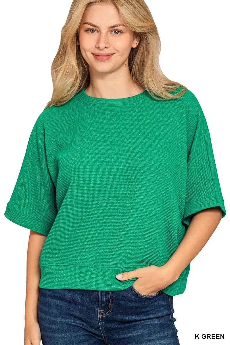 Zenana Double Knit Banded Bottom Short Sleeve Top K GREEN d7c2ae964f3c4f5aa8250678c468732b-Max-Origin