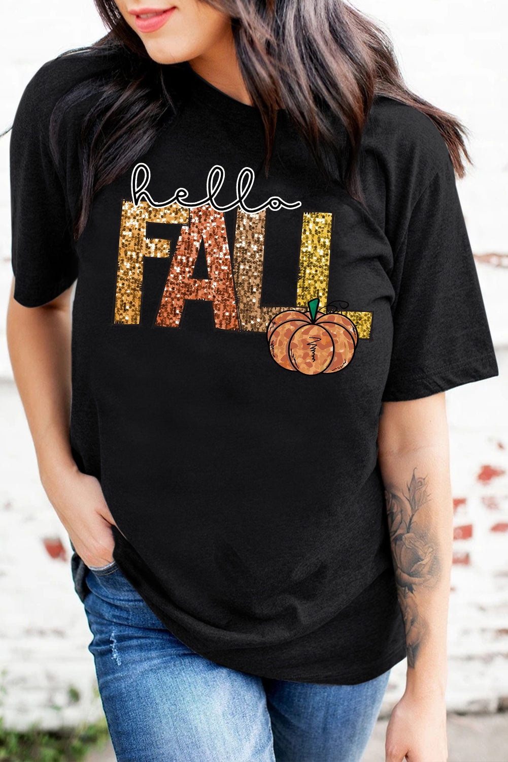 Black Hello Fall Letter Pumpkin Heat Transfer Printing T Shirt d7c34987f4da51be