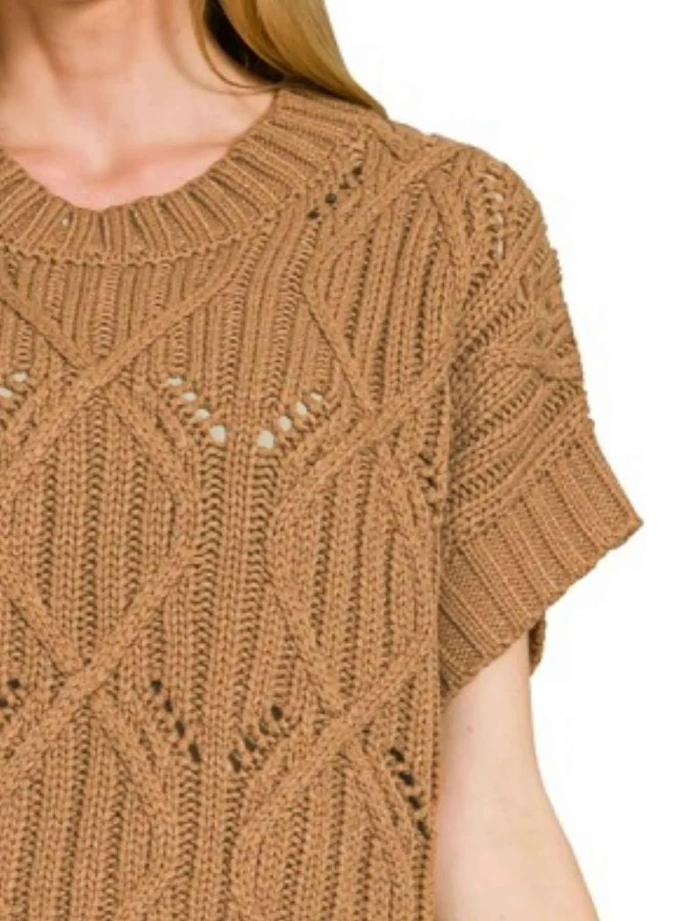 Zenana Cable Knit Short Sleeve Sweater d7c38c6c-a389-4002-be7f-cb5a36710aa4-Max-Origin