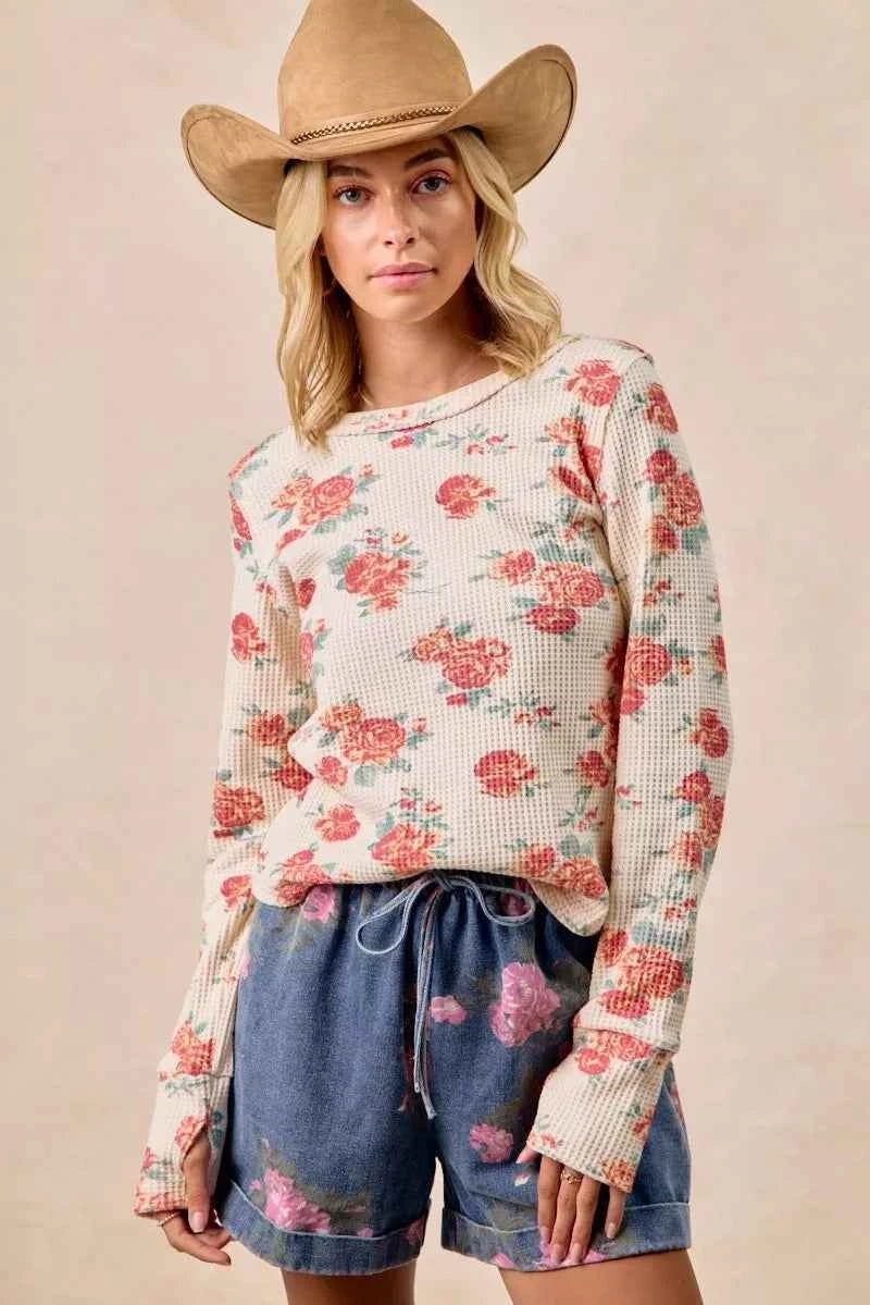 BiBi Floral Print Washed Waffle Thermal Top With Thumb d7cd645a99e74101a3f2b6eaa51b4619-Max-Origin