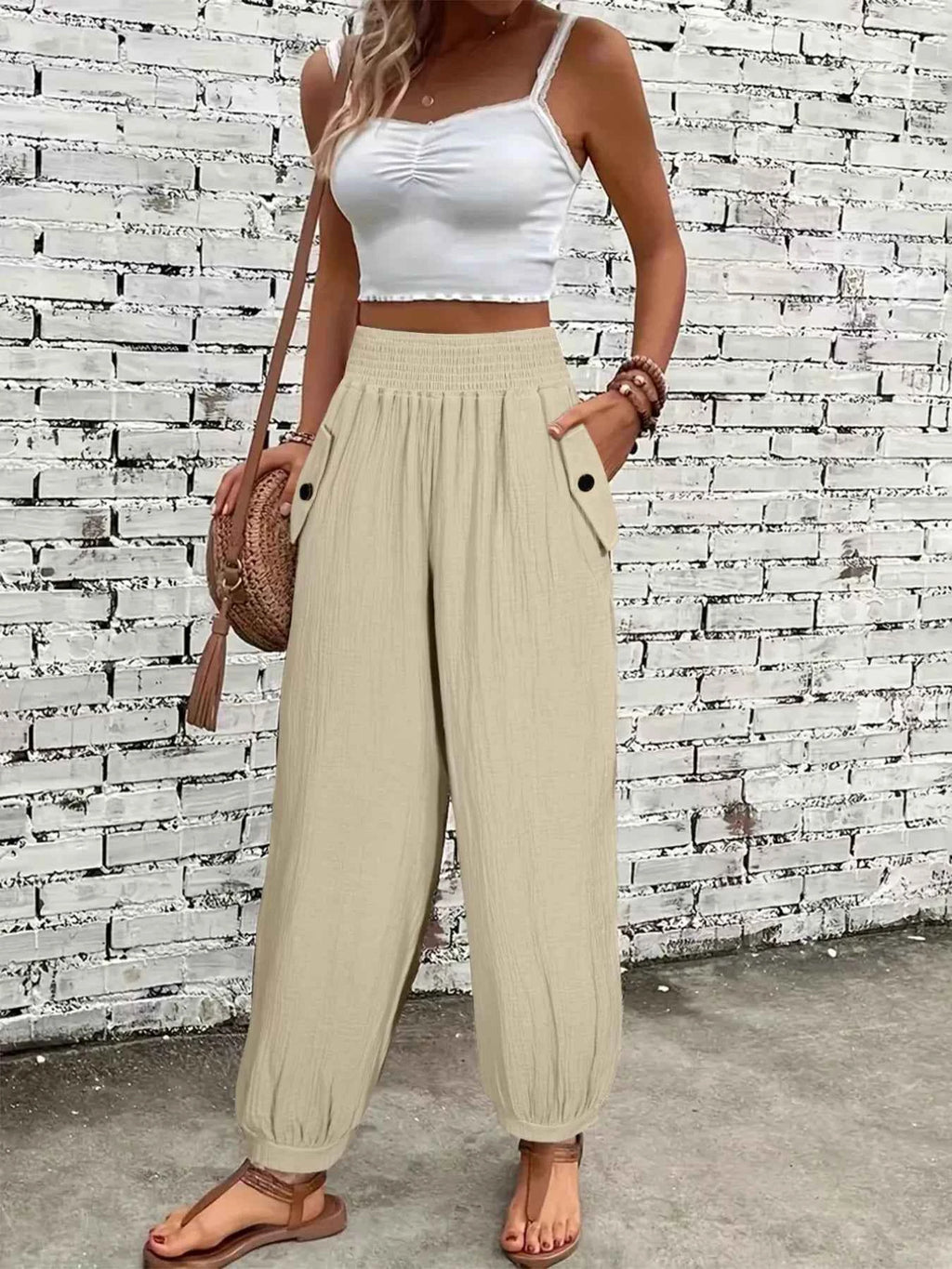 Smocked Textured Casual Pants Beige d7cd6891-ff1b-478a-81bb-28f021c58e2e-Max-Origin