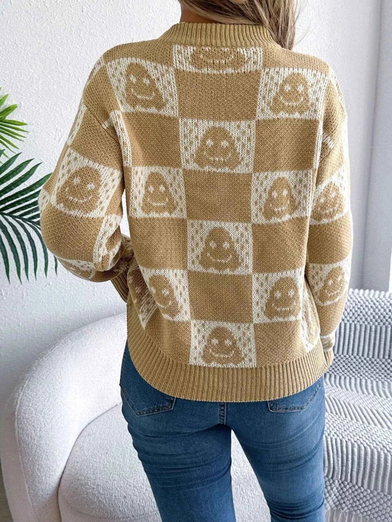 Halloween Ghost Pattern Checkered Round Neck Sweater d7cf74d294fc4ad5a362f5b9fb4501b7-Max-Origin
