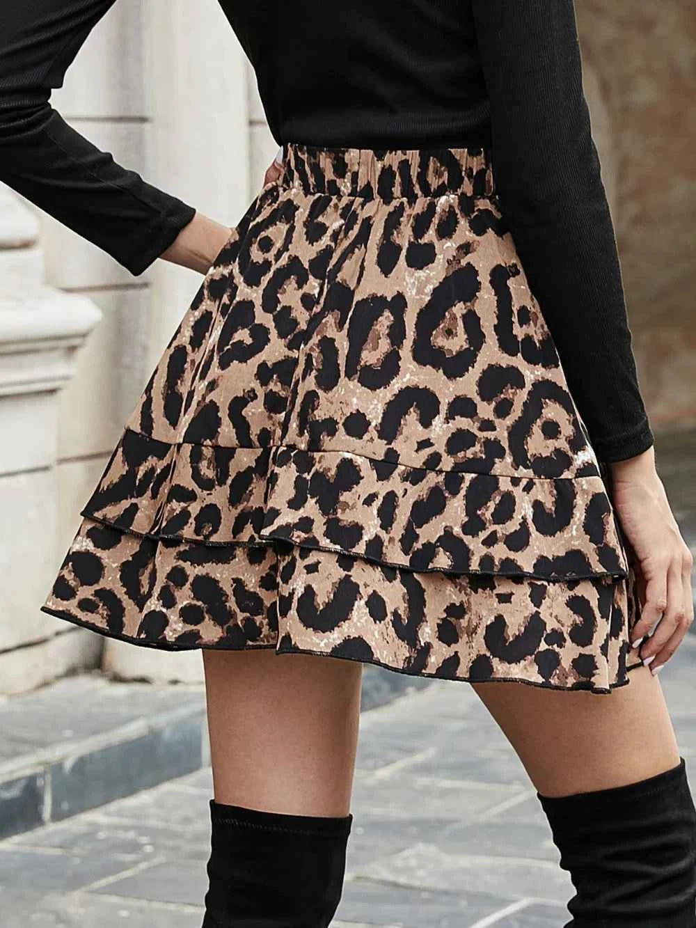 Ruffled Leopard Elastic Waist Skirt d7e02b25-1374-4207-a6d1-214c435afdd0-Max