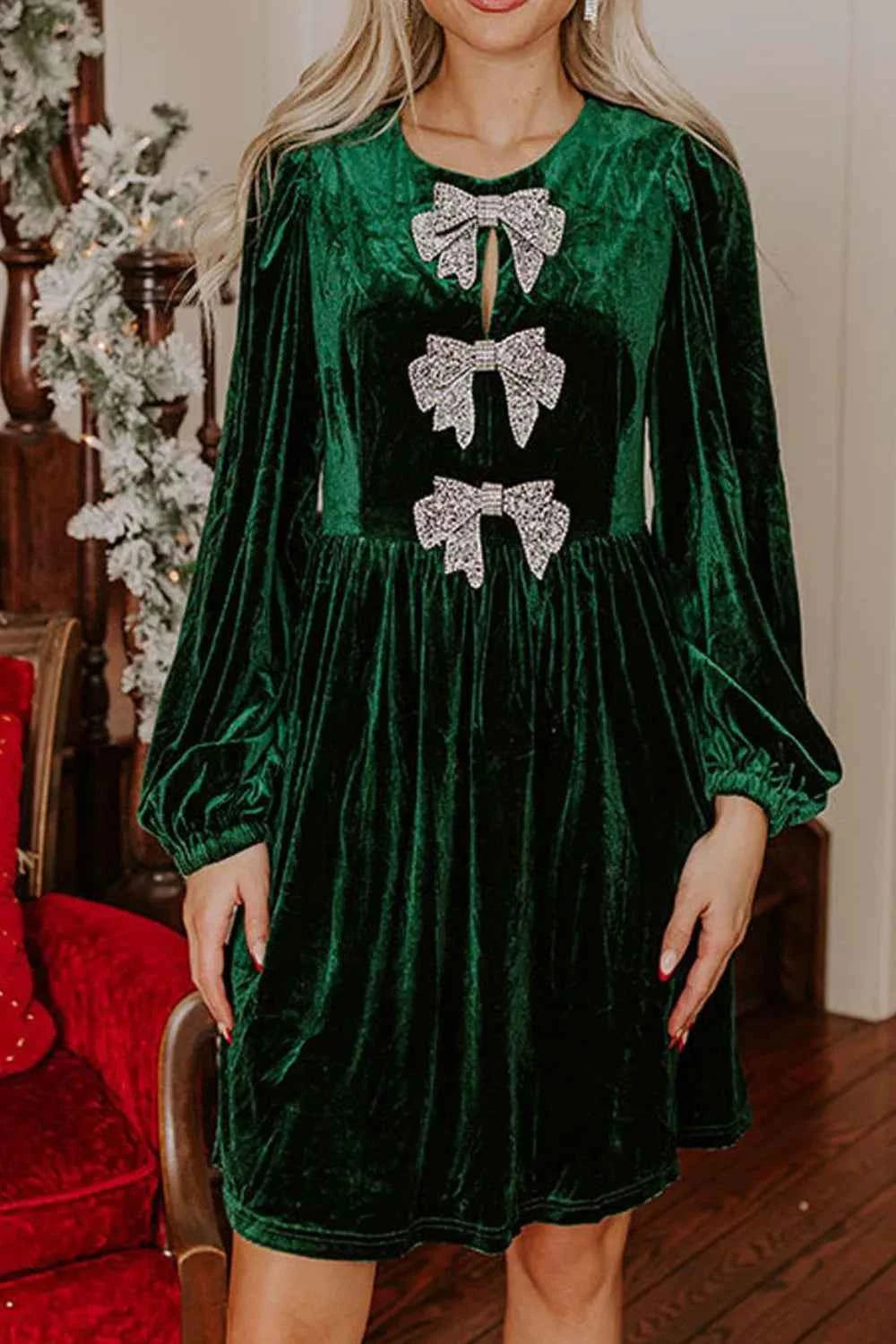 Velvet Bow Front Balloon Sleeve Dress Dark Green d7e5e0b5-3001-46ff-8777-3d75474f285a-Max-Origin