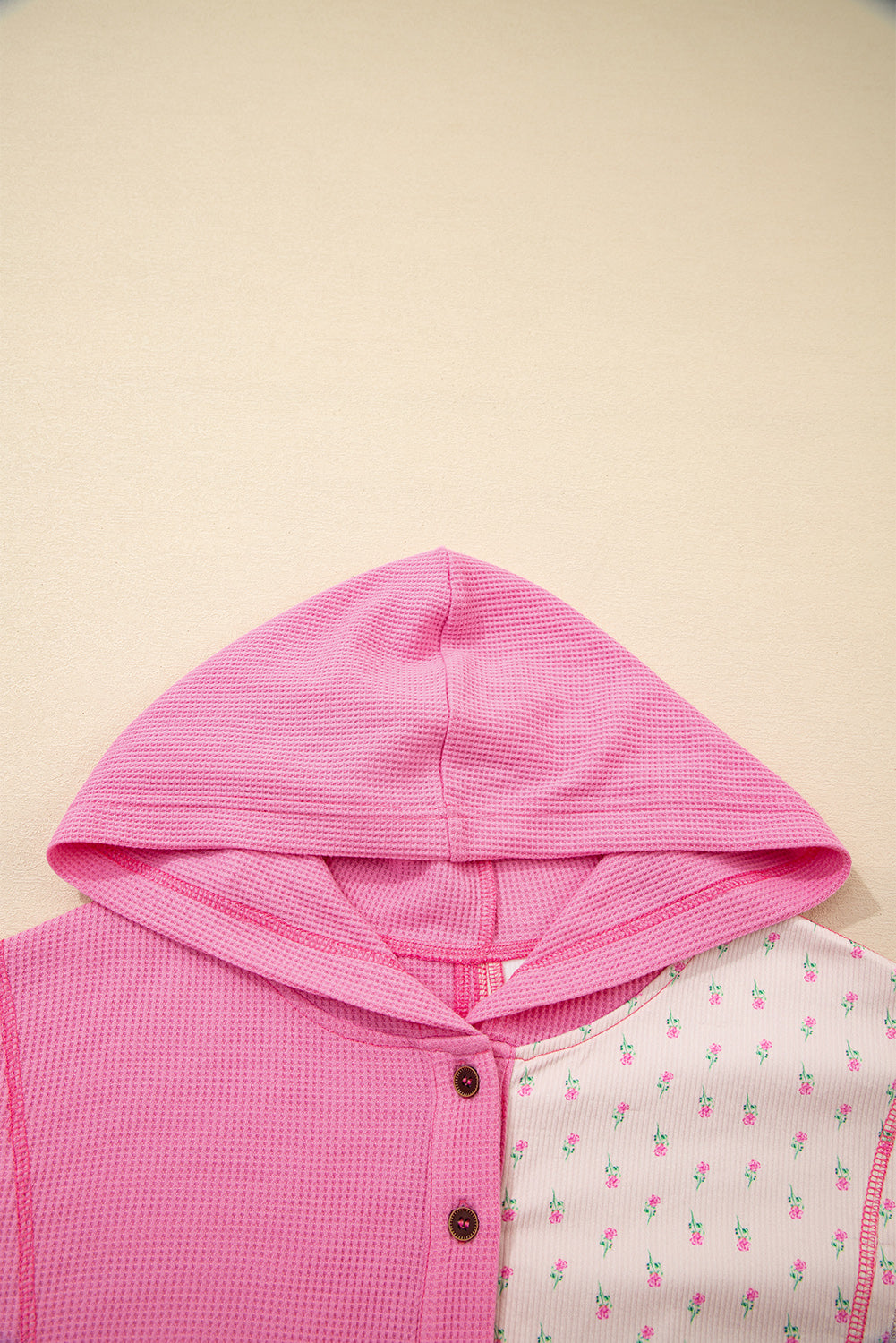 Pink Mixed Texture Waffle Floral Patchwork Hooded Oversized Pullover Top d7e7ef96b229c1f7