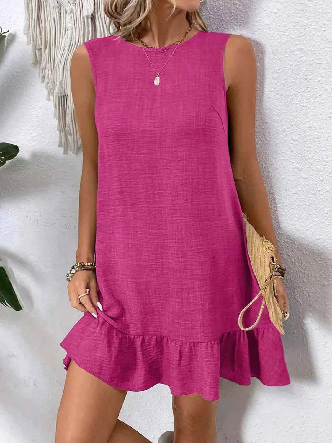 Ruffled Hem Round Neck Sleeveless Dress Hot Pink d7e8a0d4-9f57-45e6-bf57-837ed7af3904-Max-Origin