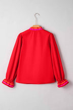 Fiery Red Striped Trim Ruffle Split Neck Long Sleeve Blouse d7f0dacef607f7dc
