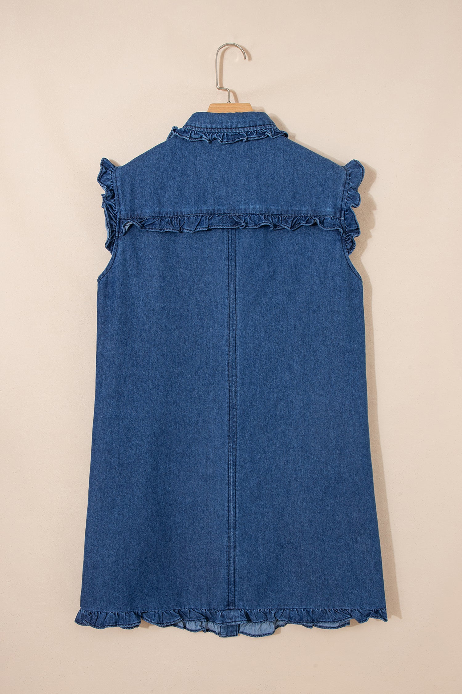 Sail Blue Ruffled Edge Collared Shift Denim Dress with Pockets d7f185a8215ba392