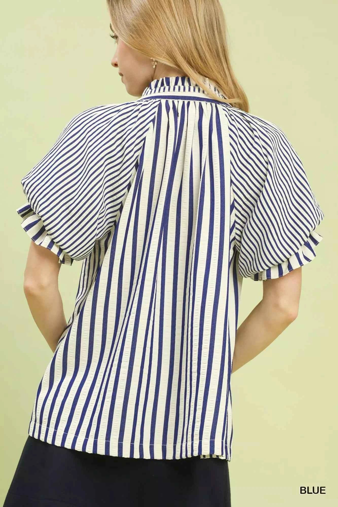 Umgee Striped Notched Top with Short Flutter Sleeves d7f3a828-76f4-4909-80fe-ad348986ca9f-Max-Origin