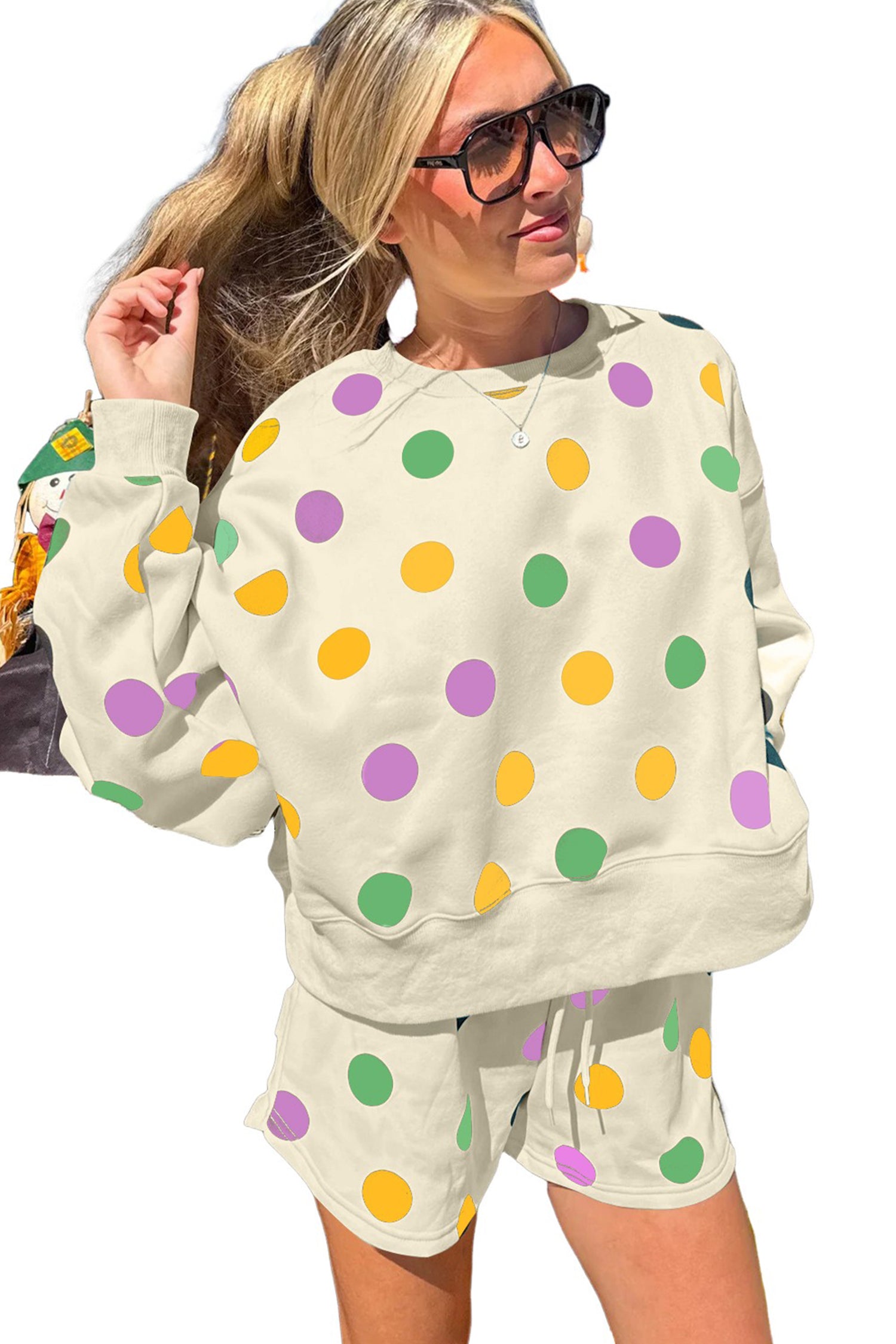 Multicolour Polka Dot Print Drop Shoulder Pullover Drawstring Shorts Set d7f8c2b76ba158a7