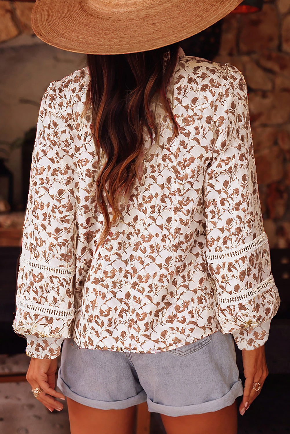 Blue Floral Print Lace Detail Puff Sleeve Shirt d7fce2971cdbb67a