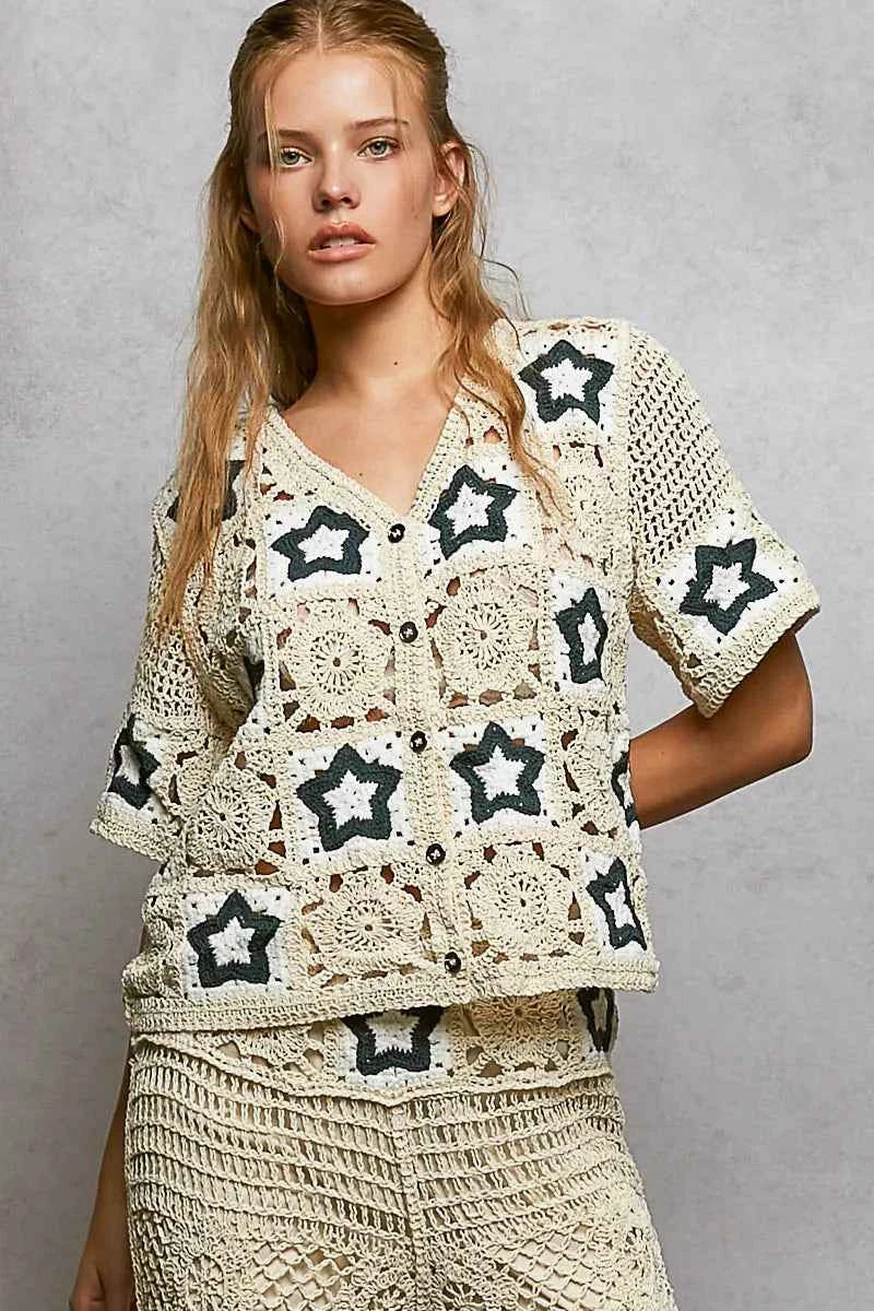 POL Button Front V-Neck Crochet Cardigan with Contast Star d8032ac1-92d4-4332-a988-77c7bd7df72a-Max-Origin
