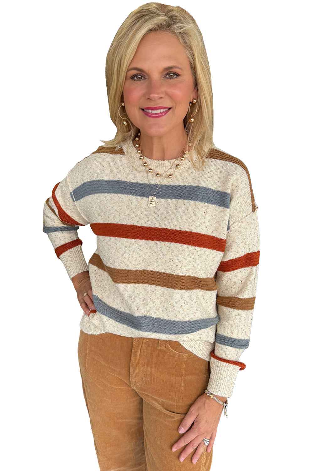 Beige Stripe Exposed Seam Drop Shoulder Heathered Knit Sweater d8047f25cffe4baa