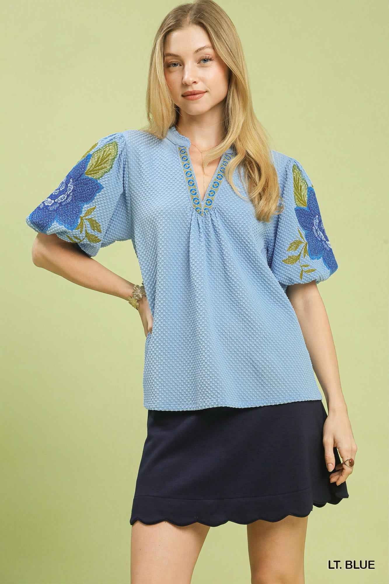 Umgee Textured Jacquard V-Neck Bubble Sleeve Top LT. BLUE d80b6674-0b09-42b7-ac2e-dc2008cd81c4-Max