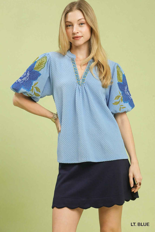 Umgee Textured Jacquard V-Neck Bubble Sleeve Top LT. BLUE d80b6674-0b09-42b7-ac2e-dc2008cd81c4-Max