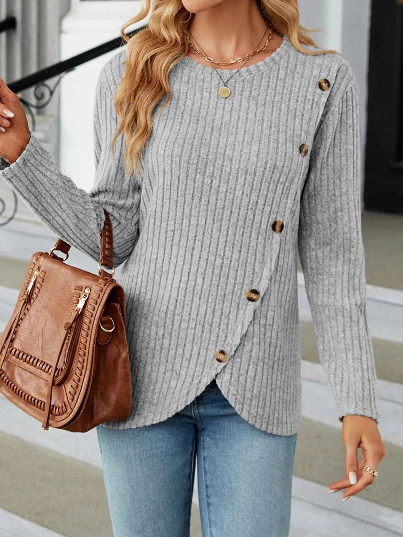 Ribbed Knit Decor Button T-Shirt d818939e-1be6-41d0-a03b-1913b819c6db-Max-Origin