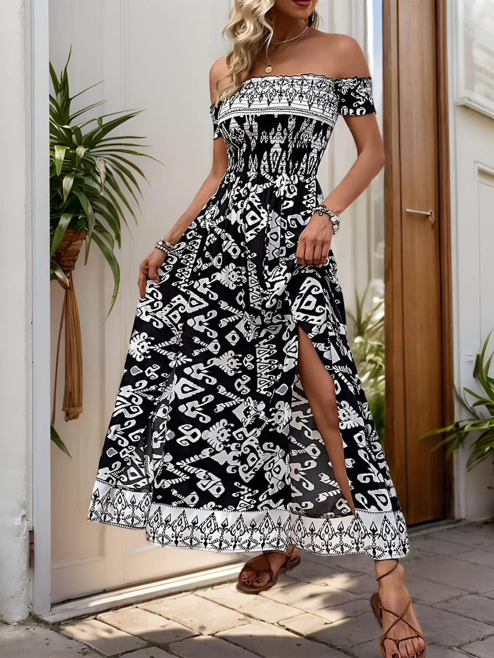 Perfee Slit Printed Off-Shoulder Dress Black d819ff68-9501-43bf-82a2-634d1ad78e2e-Max