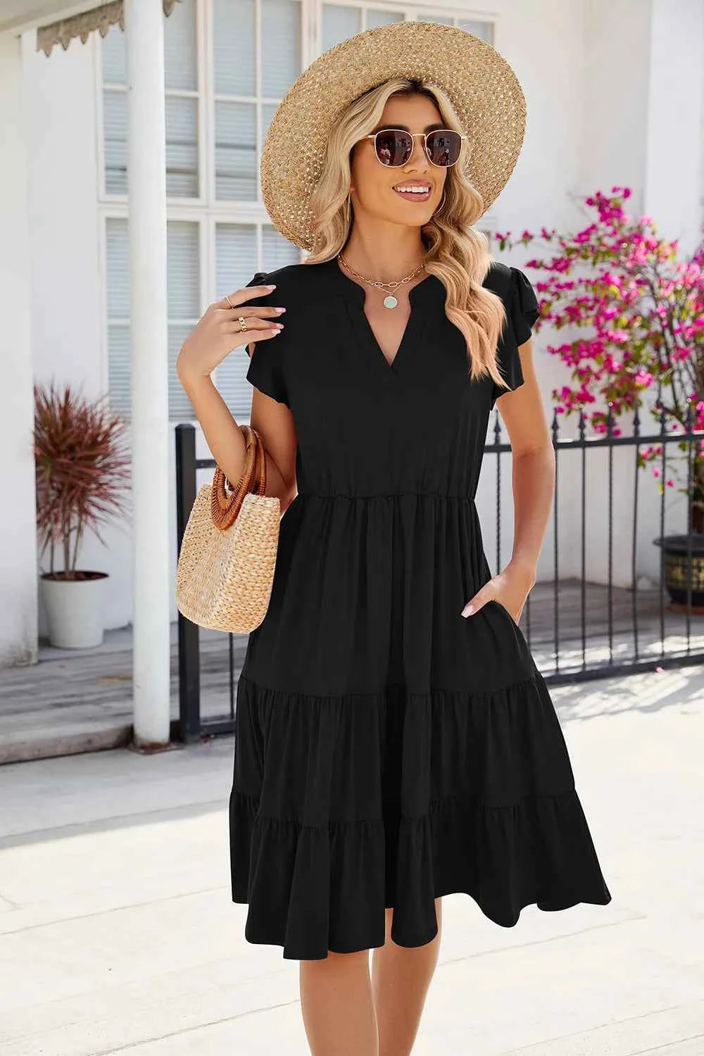 Ruched Notched Cap Sleeve Dress d81f7378-4de6-492f-9710-906f84ecd210-Max