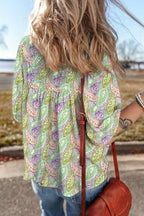 Green Boho Paisley Print Half Puff Sleeve Blouse d8260d2f8faf84f5