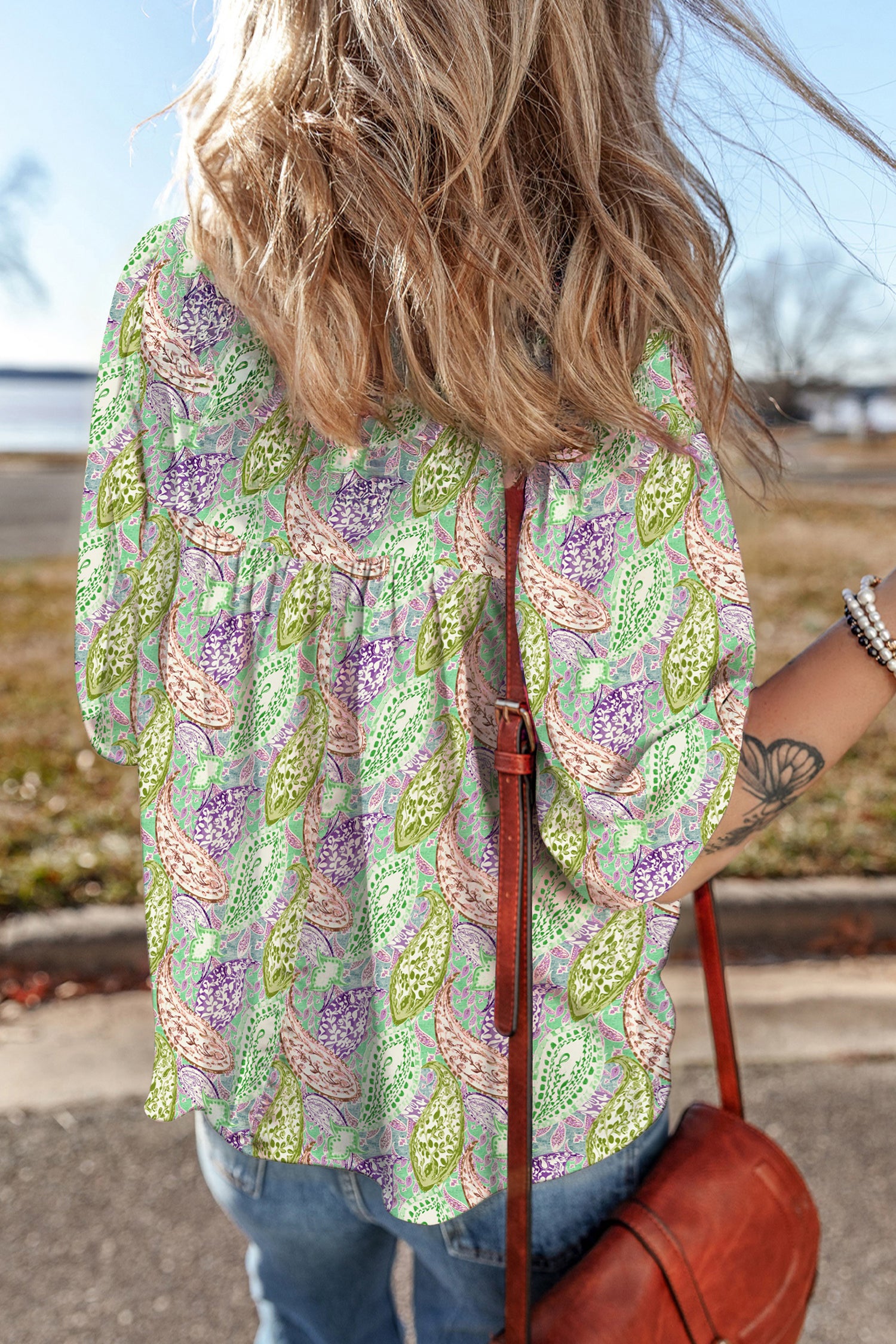 Green Boho Paisley Print Half Puff Sleeve Blouse d8260d2f8faf84f5