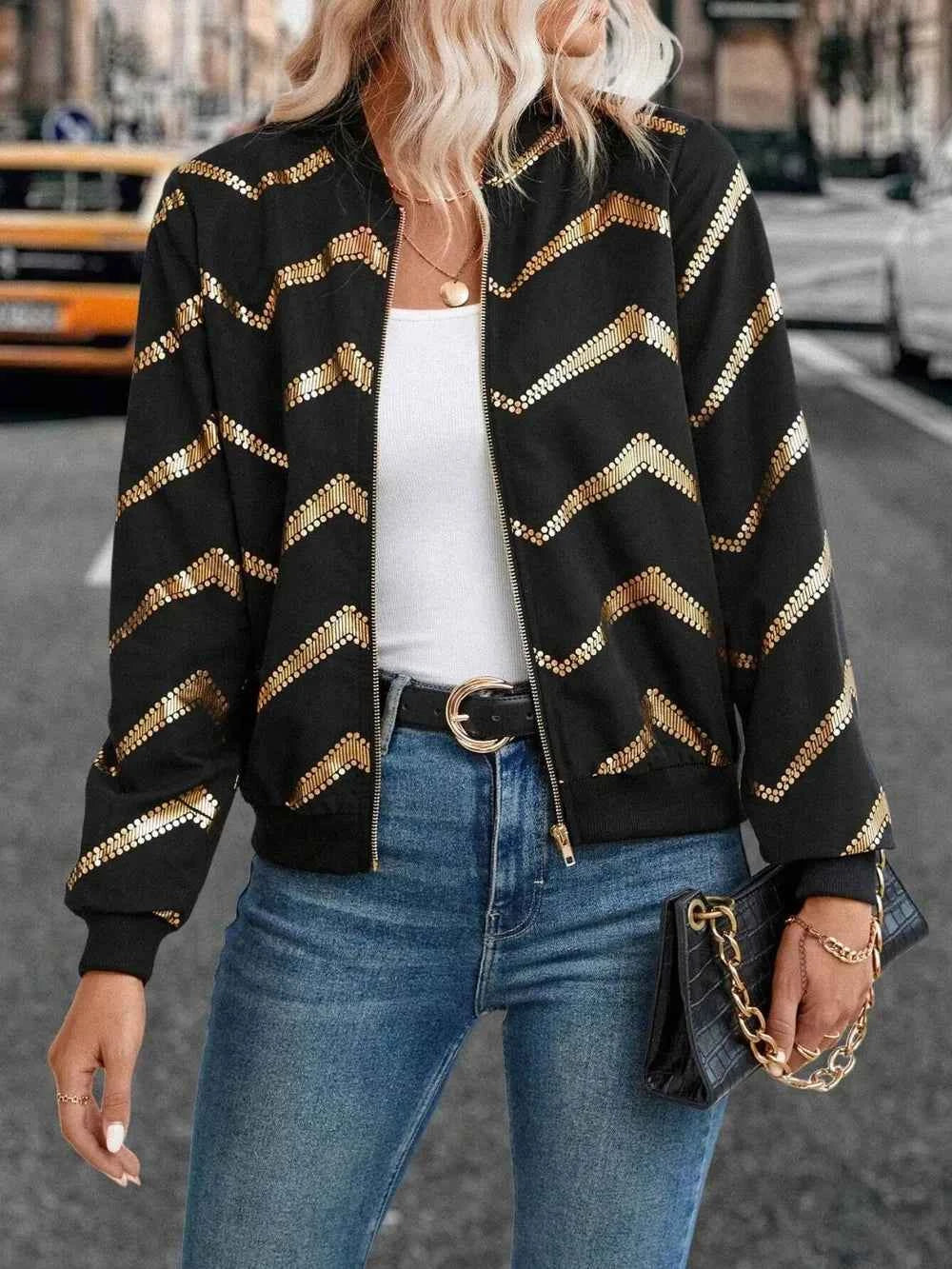 Printed Baseball Collar Zip Up Jacket d82c4c87-569c-4bcd-a93c-f827315358d7-Max
