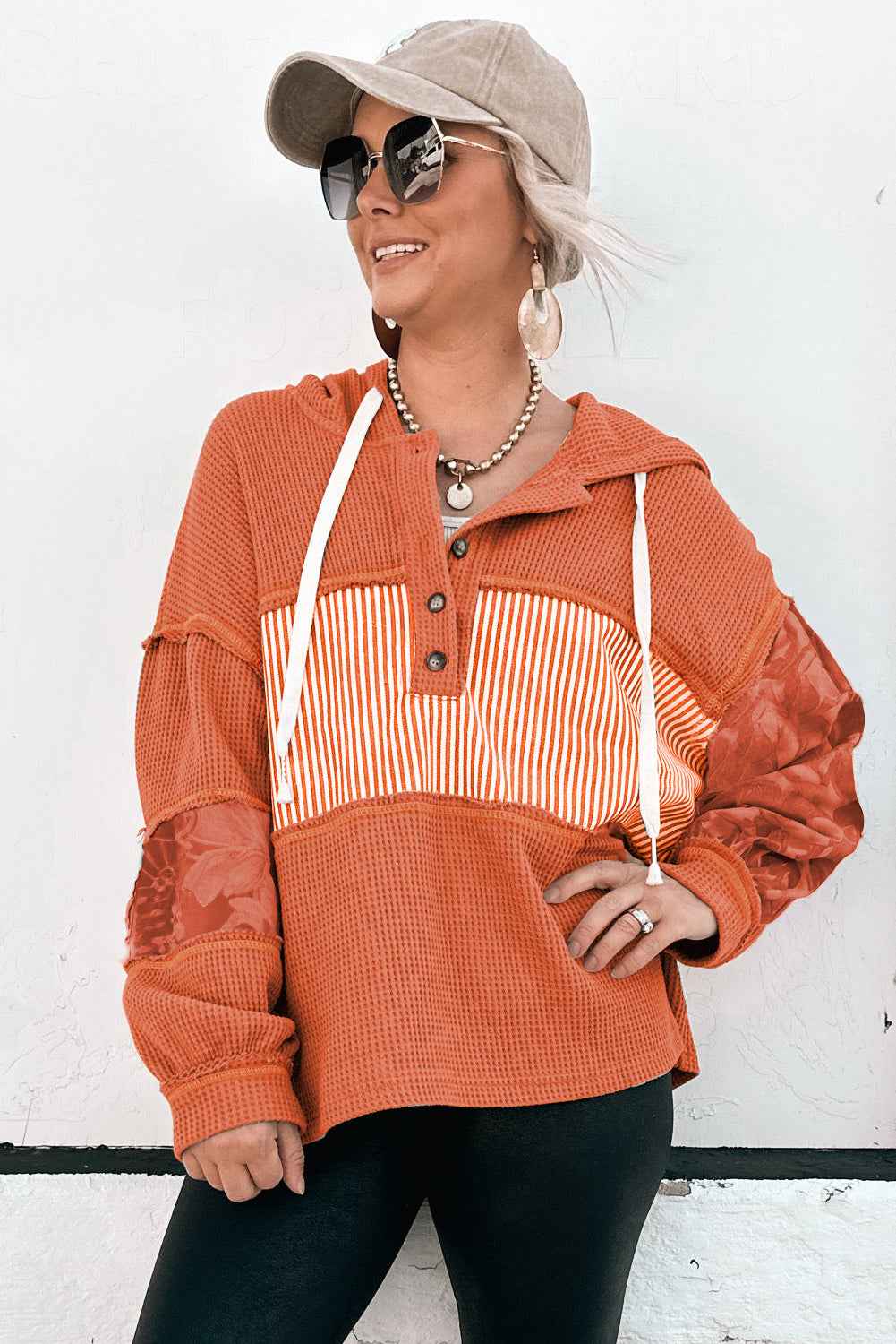 White Waffle Printed Patchwork Drawstring Hooded Long Sleeve Top d8332221f18f73cf