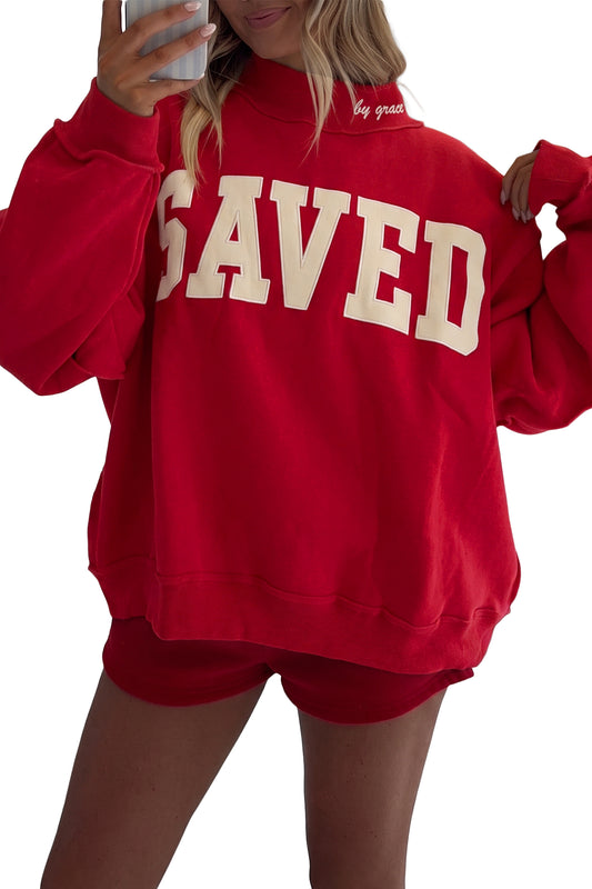 Fiery Red Saved By Grace Embroidered Detail Letter Graphic High Neck Sweatshirt d83351f30ac186fc
