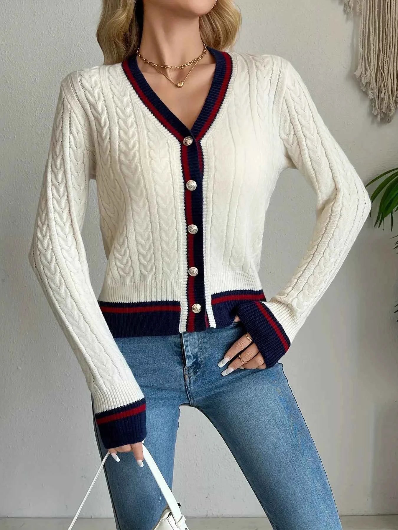 Contrast Trim Cable Knit Cardigan Cream d83574f5f8664a2e9022b9e3f695049d-Max-Origin