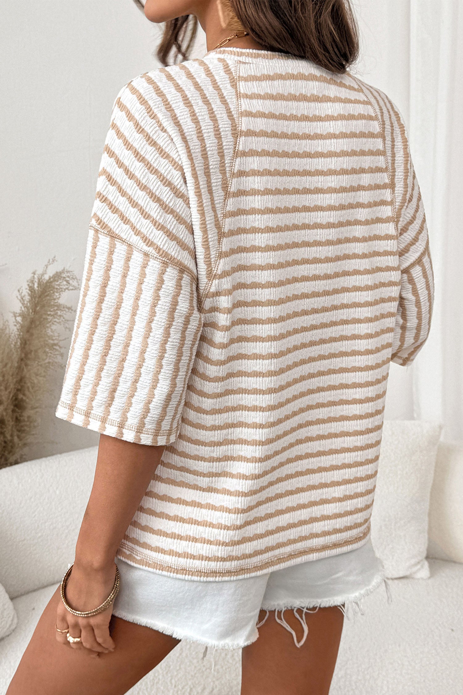 Apricot Stripe Textured Knit Split Hem Half Sleeve Loose Top d83aa2abd15f4939