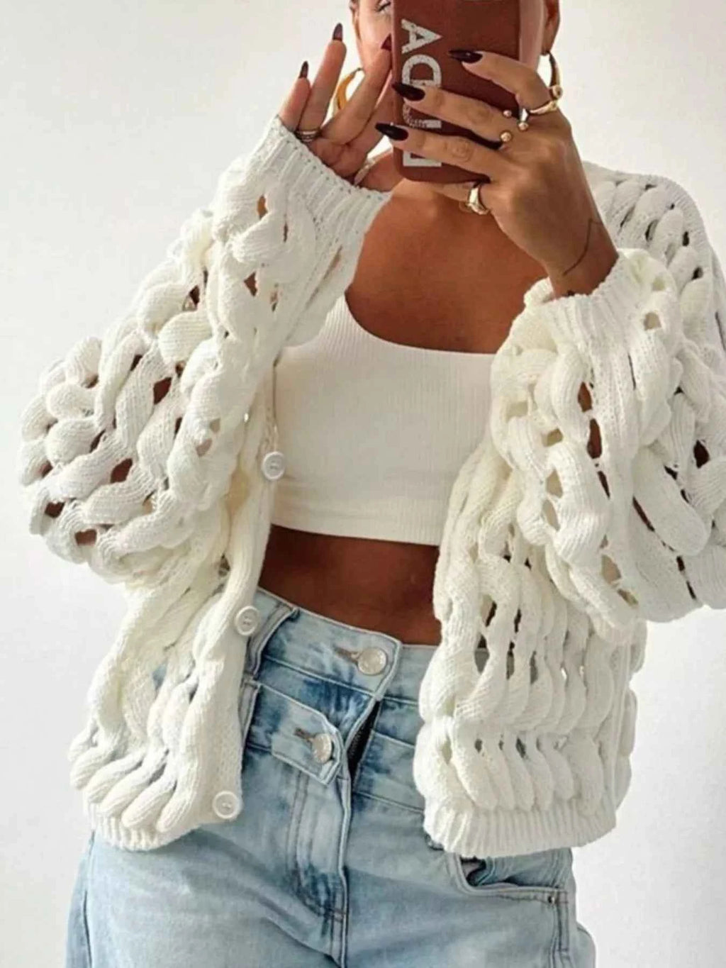 Openwork Button Up V-Neck Cardigan d83ab568-6b0e-4ef5-9afa-bcfcc27ccce2-Max-Origin
