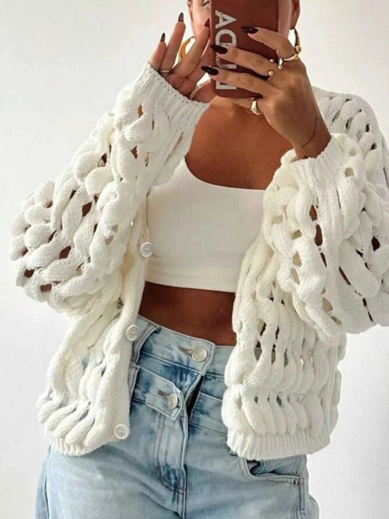 Openwork Button Up V-Neck Cardigan d83ab568-6b0e-4ef5-9afa-bcfcc27ccce2-Max-Origin