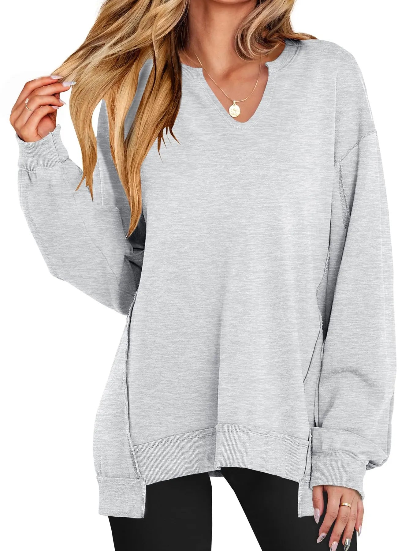 Notched Long Sleeve Oversized Sweatshirt Light Gray d83c5d2a0e974a2cafad5685e6aca349-Max-Origin