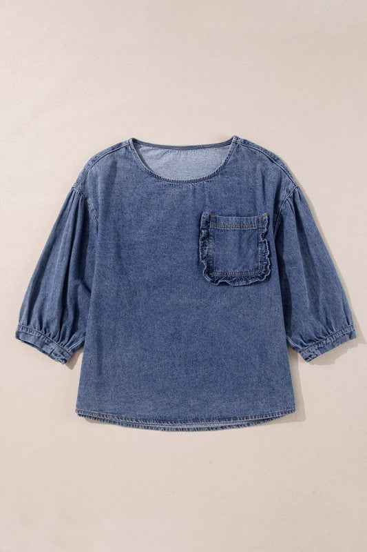 Denim 3/4 Sleeve Ruffle Patch Pocket Blouse Sky Blue d83daacb-936f-4e4c-b32d-baf9136aad3f