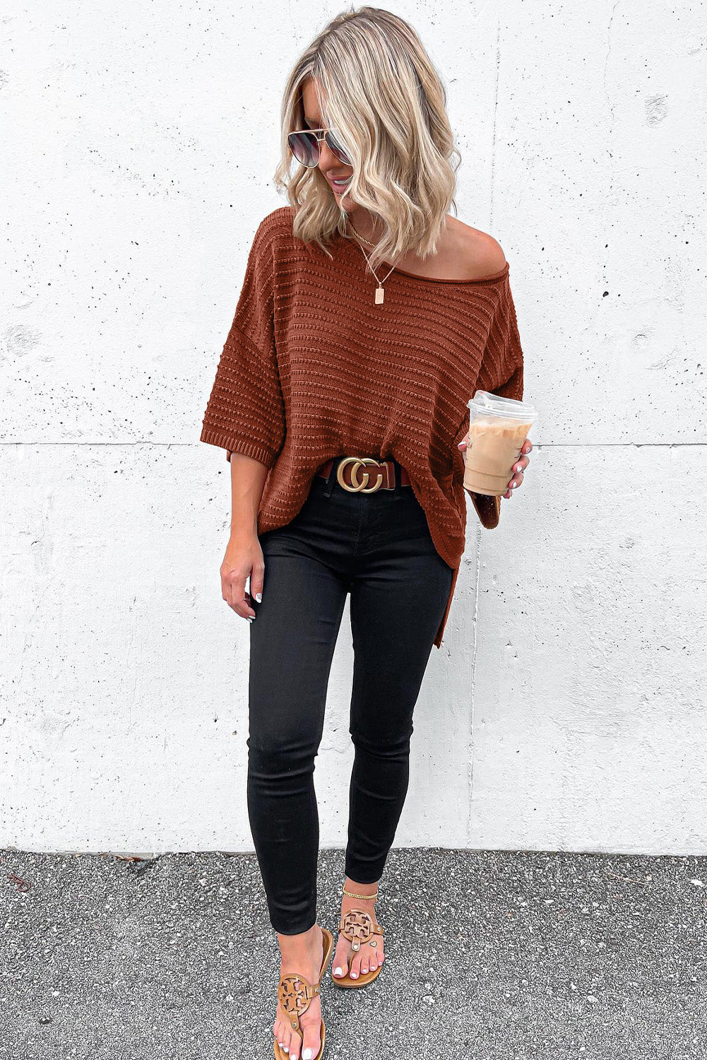 Brown Solid Color Rib-Knit Drop Sleeve Side Slits Top d8520afcf3519c38