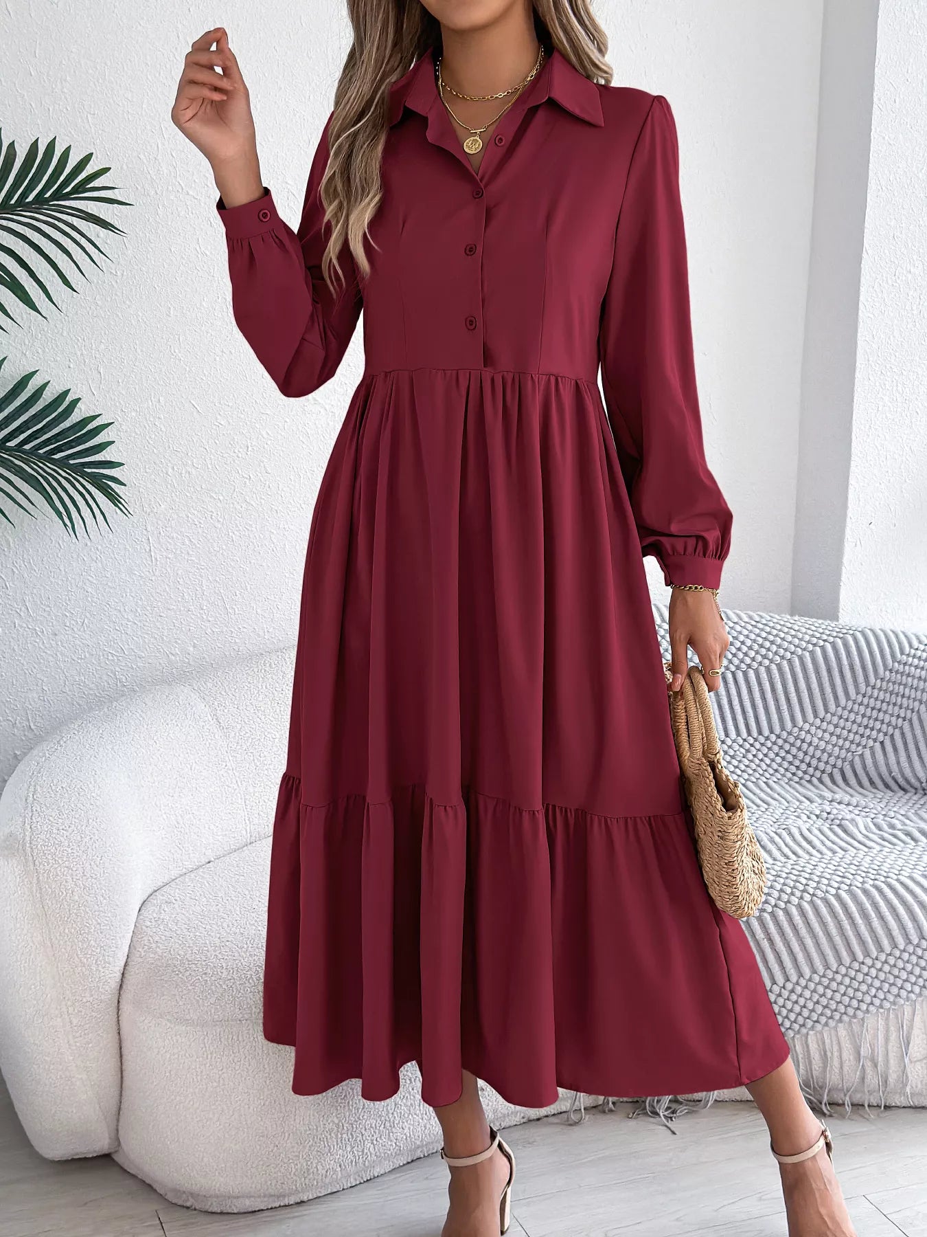 Long Sleeve Tiered Button Front Midi Dress d852f602a02e4a77b8725fba8f4a38ac-Max-Origin