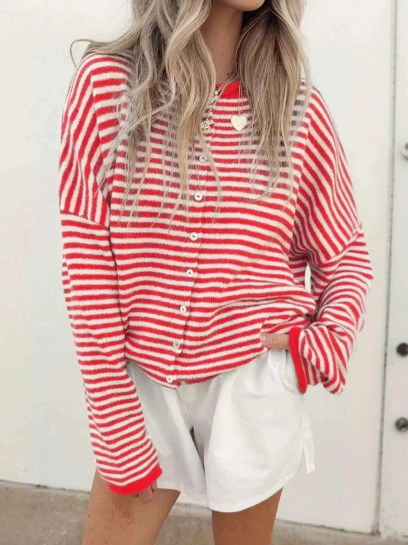 Striped Button Front Long Sleeve Cardigan Red d85a4c95-699f-4091-9f7b-ff684ad08487-Max-Origin