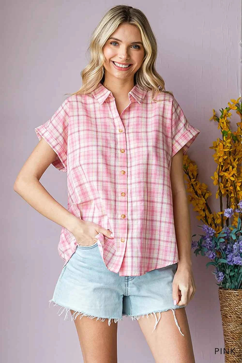 Cotton Bleu by Nu Lab Plaid Collared Neck Short Sleeve Shirt d85a716c-42ef-437e-b701-30923fcde247-Max