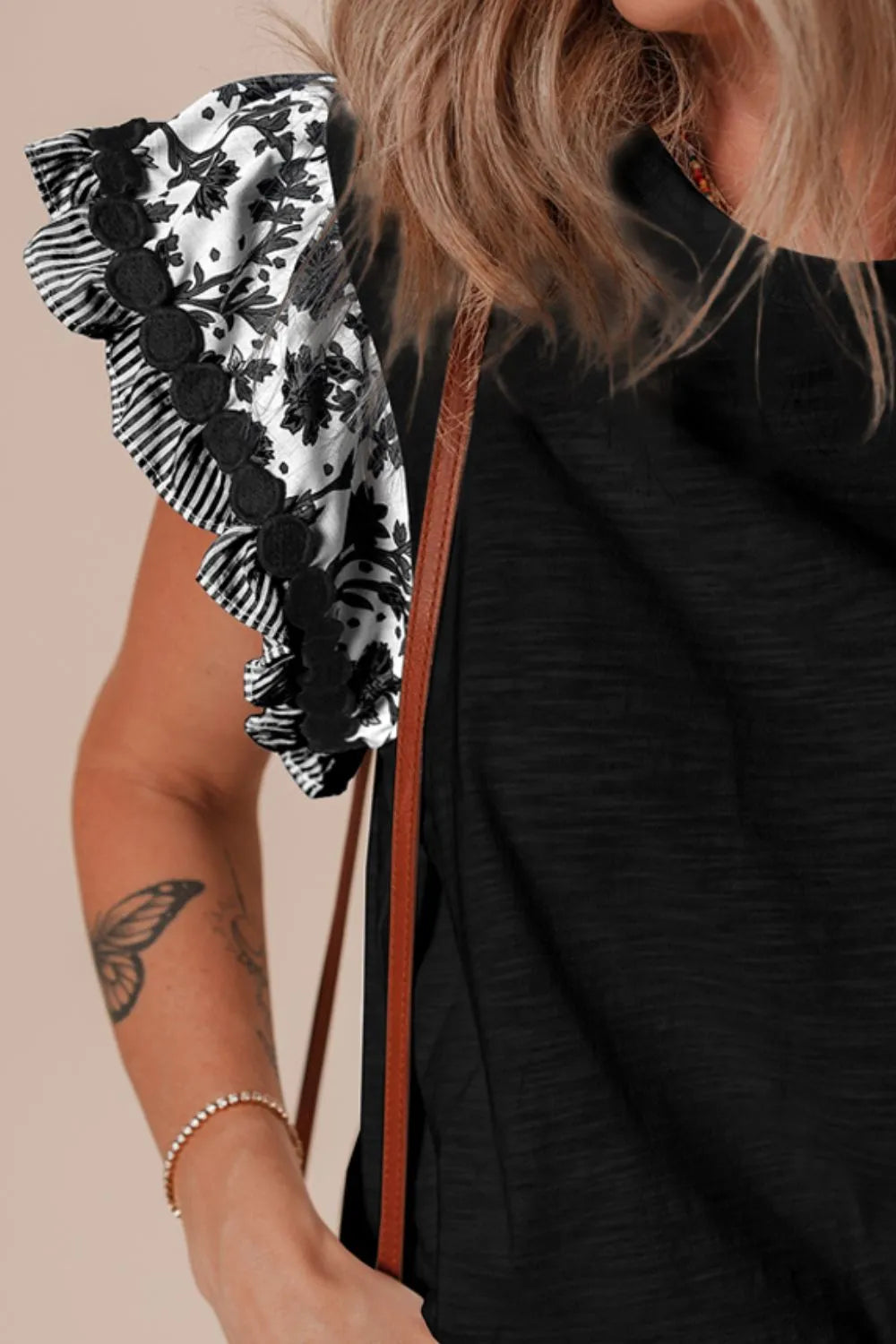 Round Neck Printed Ruffled Cap Sleeve Blouse d85c92d0-9b3c-44d7-855f-9d2a295a1b62-Max