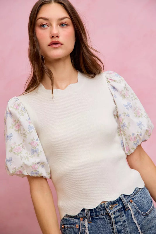 Floral Cotton Contrast Sleeves Scallop Sweater Top WHITE d8606c86-056e-405a-a1d6-930e76933970-Max-Origin
