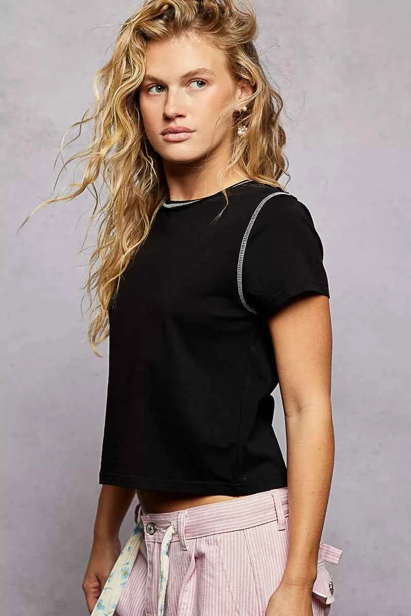 POL Contrast Stitching Round Neck Short Sleeve T-Shirt d8628189-71e3-44f7-87c5-0b33be960cdd-Max-Origin
