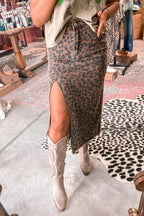 Brown Leopard Frayed Split Denim Midi Skirt Brown 65%Cotton+33%Polyester+2%Elastane d863518e137916ec