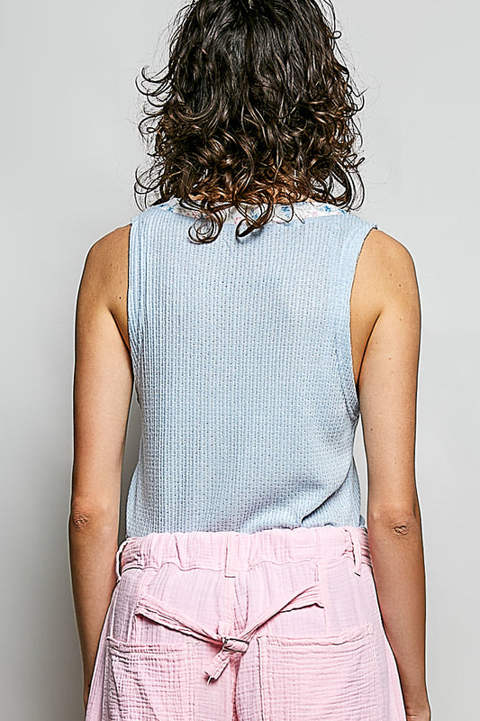 Ribbed V-Neck Tank with Contrast Floral Neckband d86516ba-594e-4bec-9e86-1ca2d8c2f65c-Max